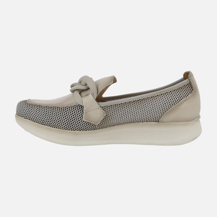 Moccasins combined in leather and grid frabic in taupe