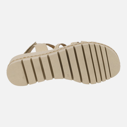 Beige leather sandals braided effect with velcro closure