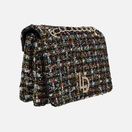 Multicolored tweed bags by Lodi with chain handles