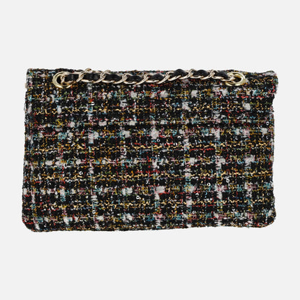 Multicolored tweed bags by Lodi with chain handles