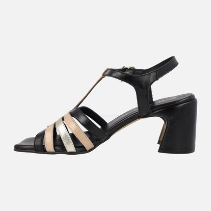 Black Heeled sandals with combined colored strips