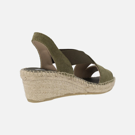 Suede espadrilles with lateral elastics and natural fiber wedge