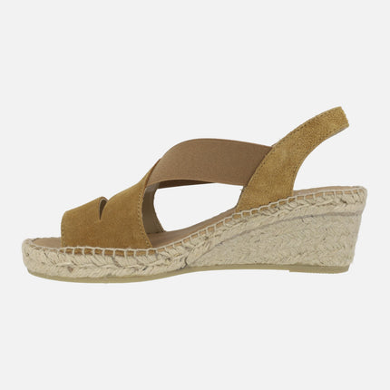 Suede espadrilles with lateral elastics and natural fiber wedge