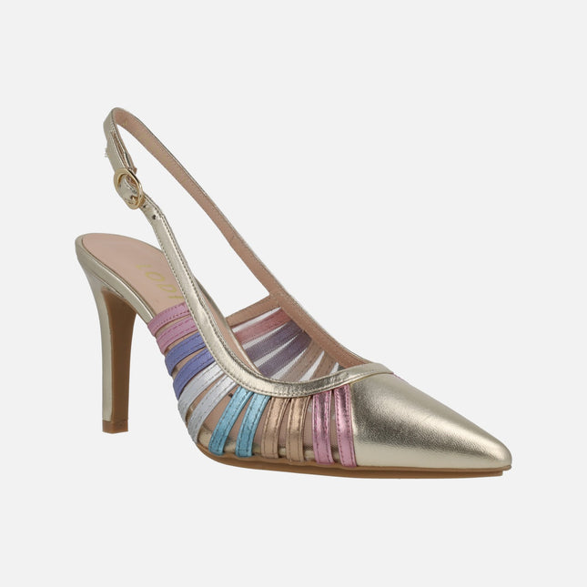 ROSTEL open heel pumps in golden leather with multicolored strips