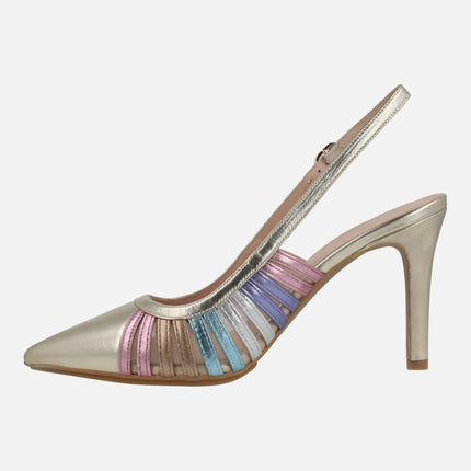 ROSTEL open heel pumps in golden leather with multicolored strips