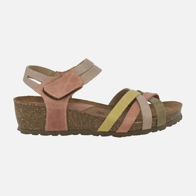 Wedged sandals with multicolored strips and velcro closure