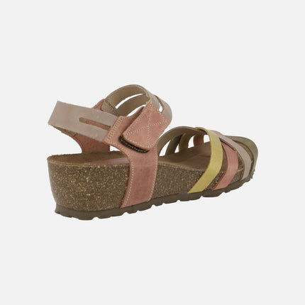 Wedged sandals with multicolored strips and velcro closure