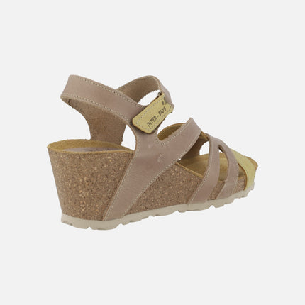 Leather sandals with cork wedge and velcro closure