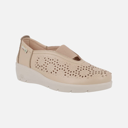 Beige leather comfort shoes with central elastic