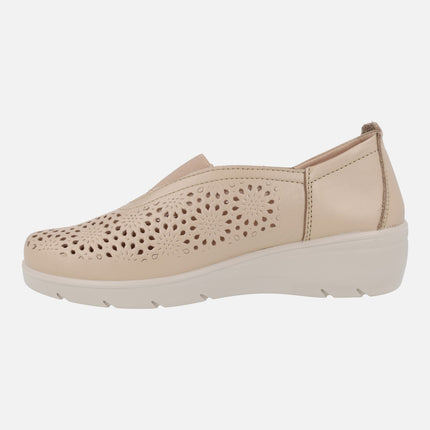 Beige leather comfort shoes with central elastic