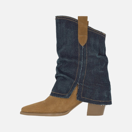 Lyanna low Cowboy Boots in brown suede and denim