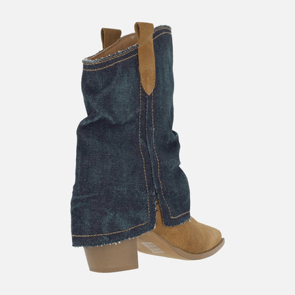 Lyanna low Cowboy Boots in brown suede and denim