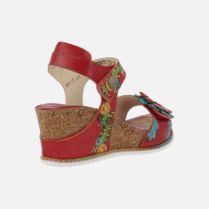 Sandals in red combination with cork platform and wedge