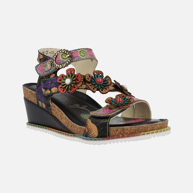 Laura Vita sandals in black leather with flower details Bonito 524 noir