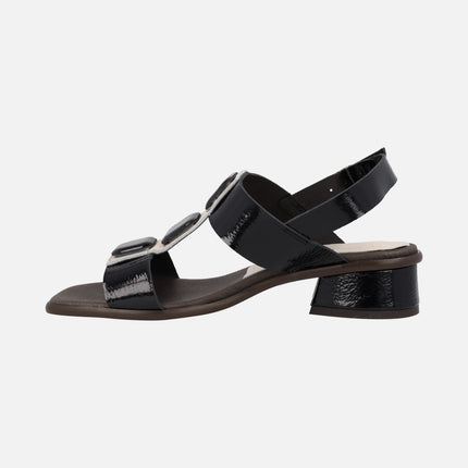 Black Patent leather sandals with square buttons ornament