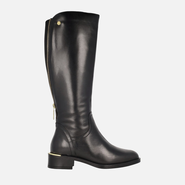 Black leather high boots with low heel