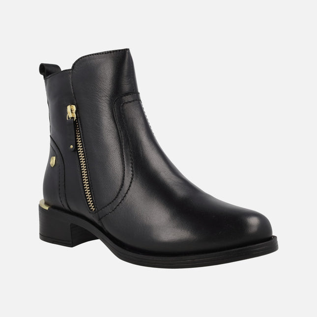 Black leather ankle boots with golden details