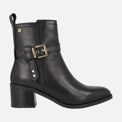 Black leather ankle boots with buckle and middle heel 