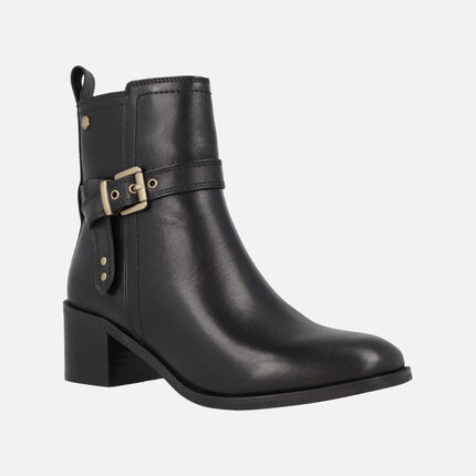 Black leather ankle boots with buckle and middle heel 