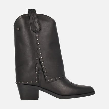 Carmela Black leather cowboy style boots with studs