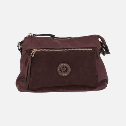 Suede and fabric combined crossbody bags by Carmela