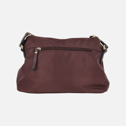 Suede and fabric combined crossbody bags by Carmela