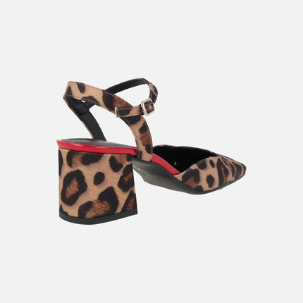 Rosalie heeled shoes in satin leopard with ankle bracelet