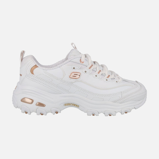 Skechers D'lites Fresh Start en piel blanca con detalles en oro rosa