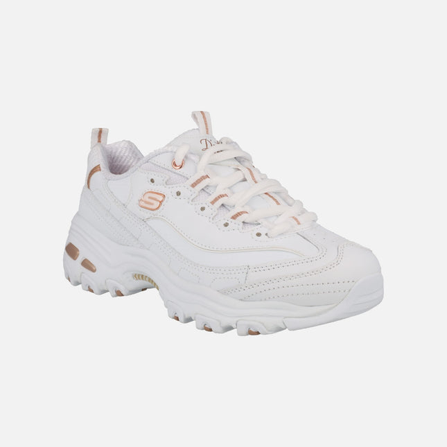 Skechers D'lites Fresh Start en piel blanca con detalles en oro rosa