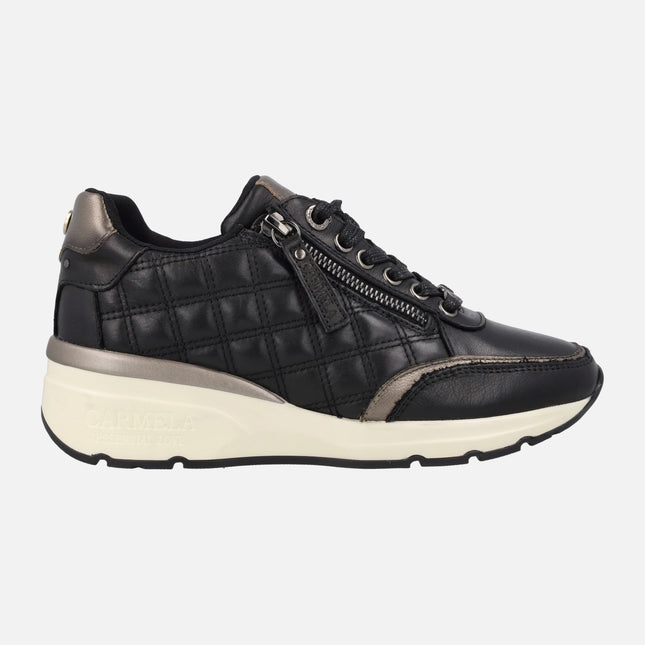 Padded leather black sneakers with laces and zipper