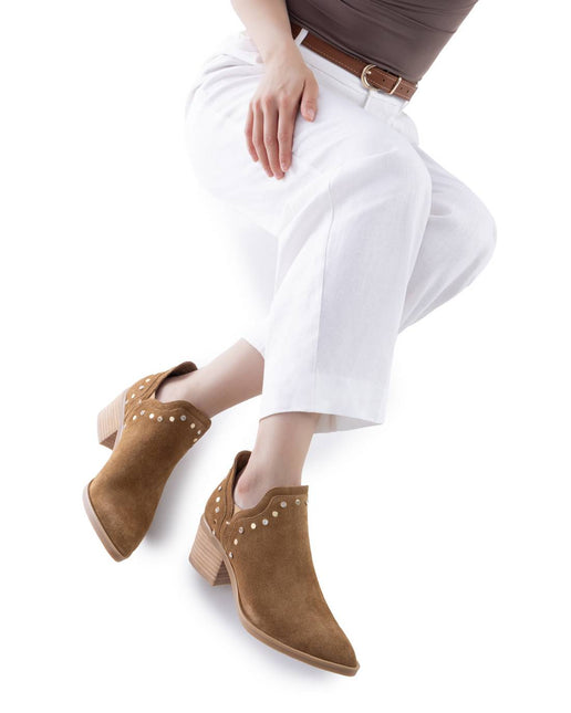 Cut out camel suede ankle boots with rhinestones