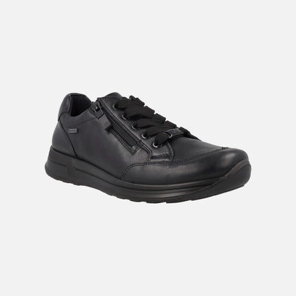 Black leather sneakers with laces and gore-tex membrane