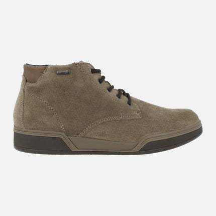 Men's laced booties in taupe suede with gore-tex membrane