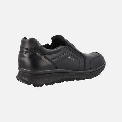 Black leather moccasins with elastic and gore-tex membrane