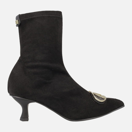 Black sock ankle boots in elastic fabric suede effect with metallic ornament