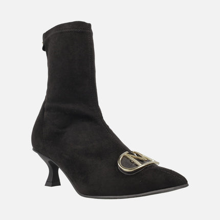 Black sock ankle boots in elastic fabric suede effect with metallic ornament