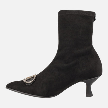 Black sock ankle boots in elastic fabric suede effect with metallic ornament