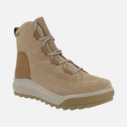 Camel suede booties with laces and gore-tex membrane