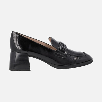 Patent leather loafers with metallic ornament