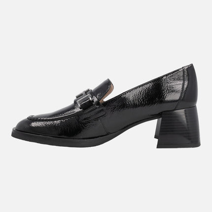 Patent leather loafers with metallic ornament