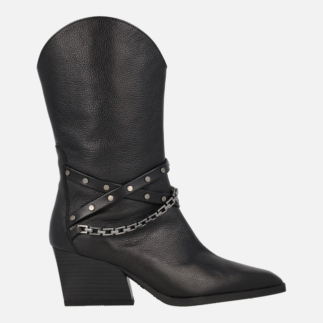 Black leather Cowboy boots with chain and studs by Hispanitas