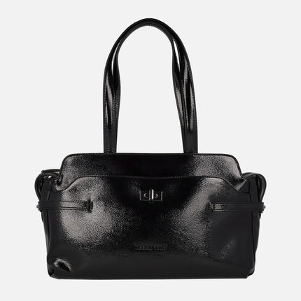 Bags with two handles in black patent leather with adjustable crossbody handle