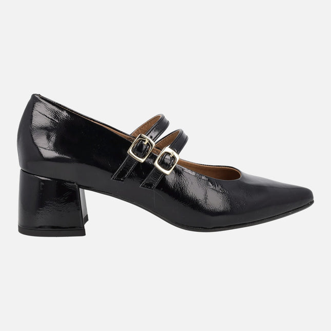 Black Patent leather pumps With two strips with buckles and heels of 5 cms