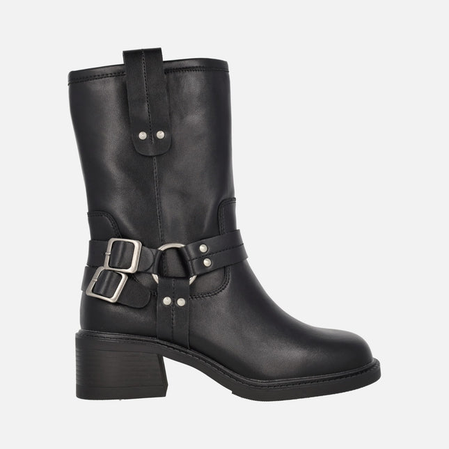 Black leather biker boots with buckles and studs