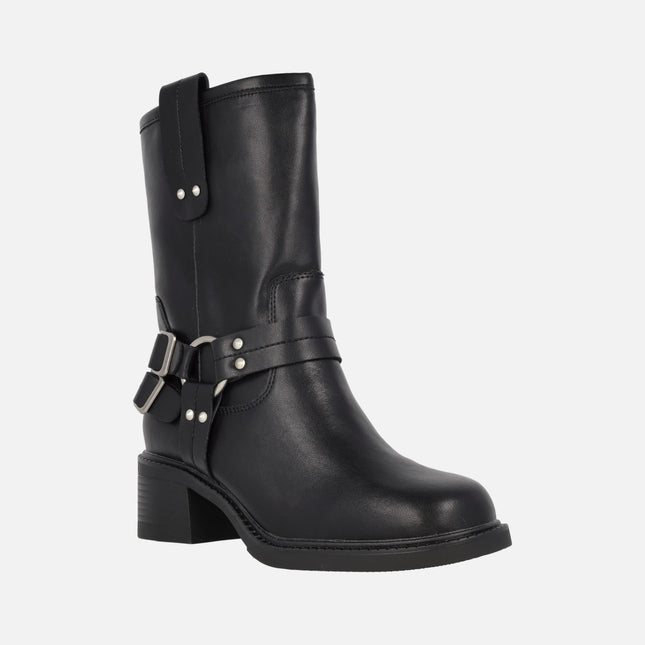 Black leather biker boots with buckles and studs