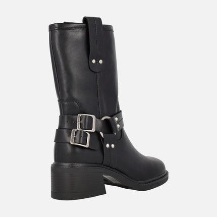 Black leather biker boots with buckles and studs