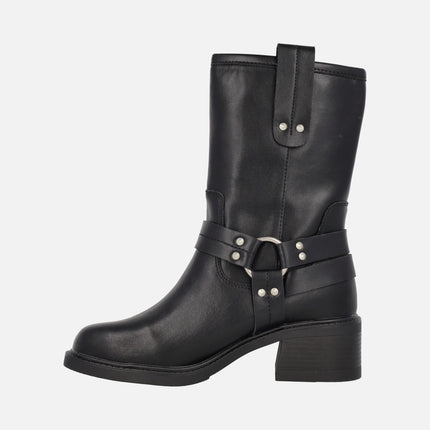 Black leather biker boots with buckles and studs