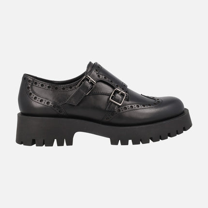 Black leather shoes with buckles and track outsole