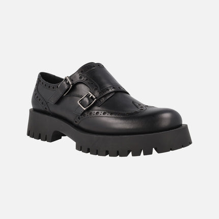 Black leather shoes with buckles and track outsole