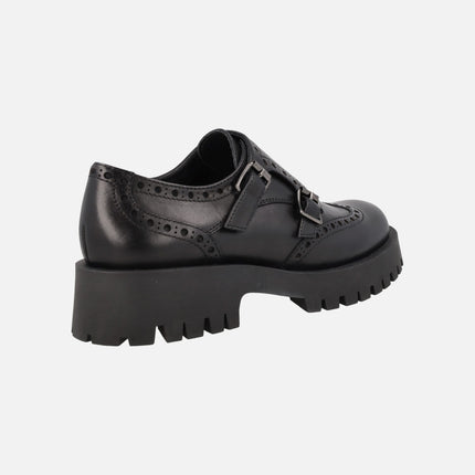 Black leather shoes with buckles and track outsole